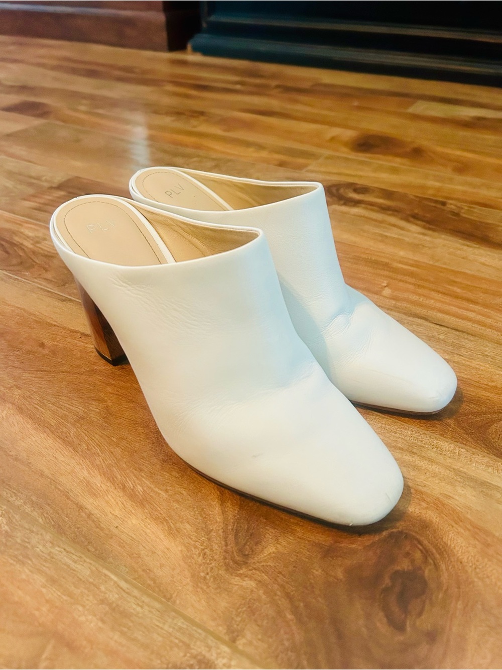 PLV White Leather Mule Heels with Wooden Block Heel